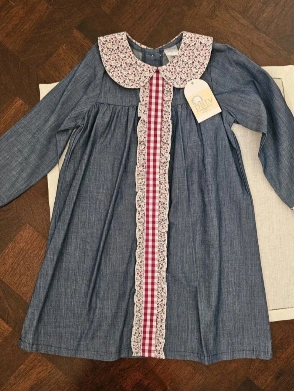 Boutique Paty Inc Chambray Gingham Floral Peter Pan Collar Long Sleeve Dress 4T